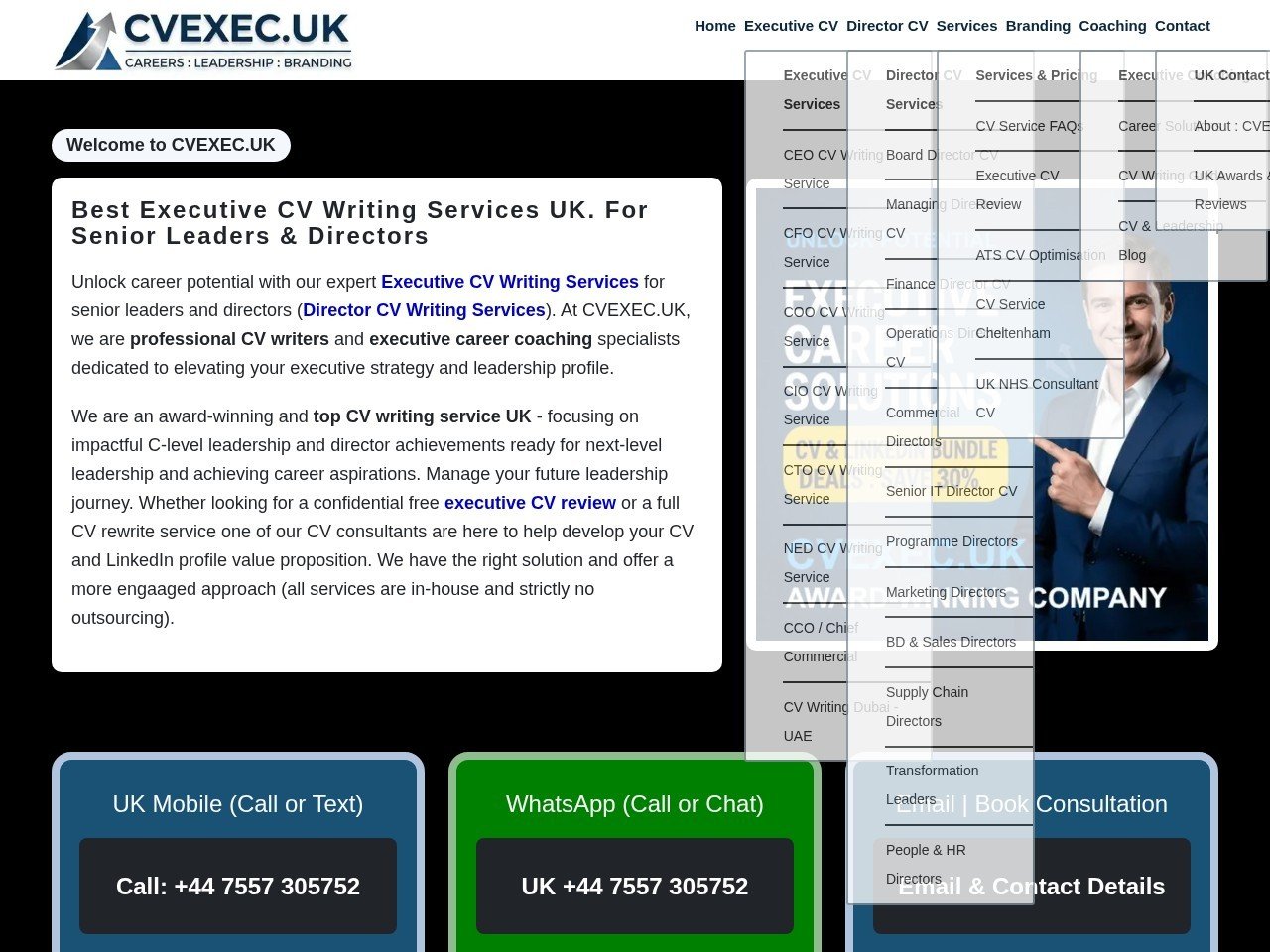 CV Exec website homepage, a MIVAQ client project