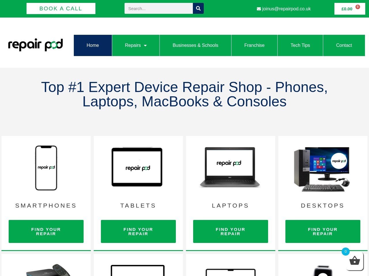 RepairPod website homepage, a MIVAQ client project