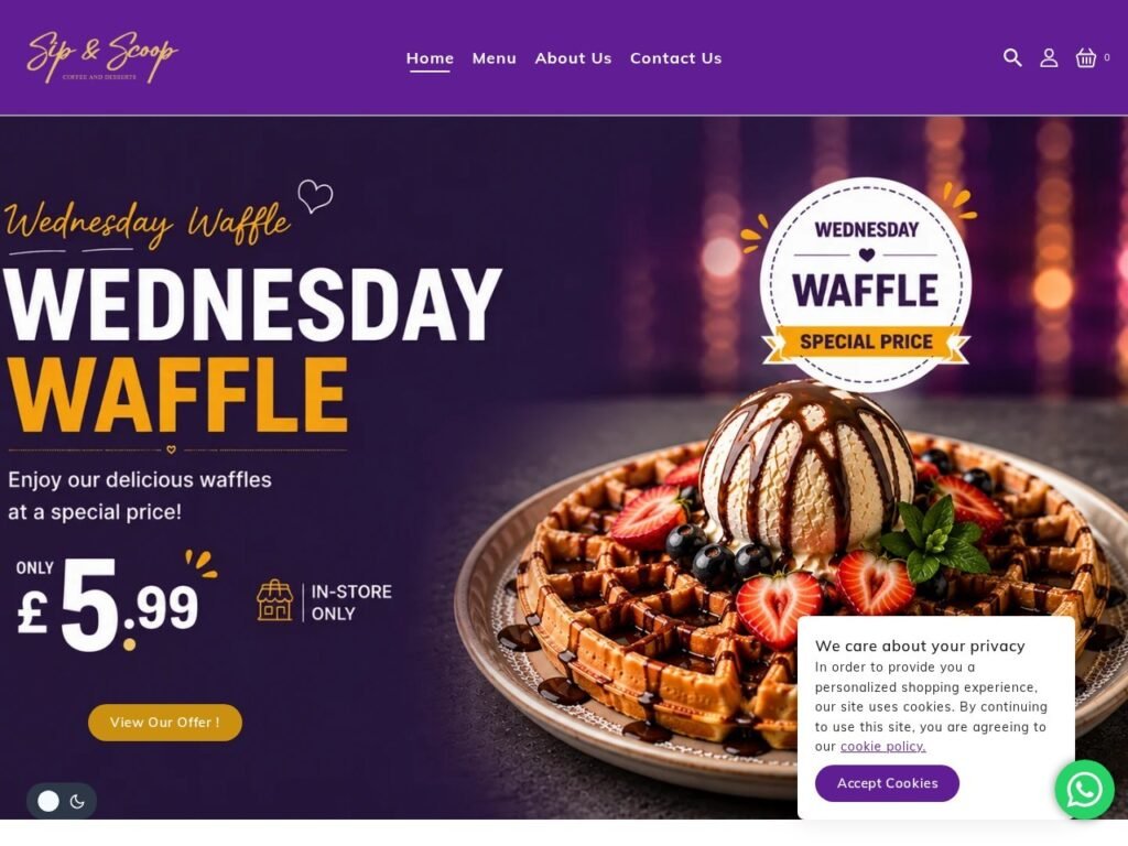 Sip & Scoop website homepage, a MIVAQ client project