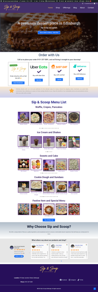 Full-page design of the Sip & Scoop website