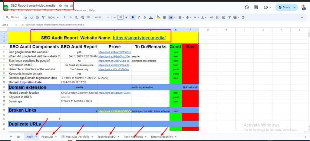 SmartVideo SEO report sheet