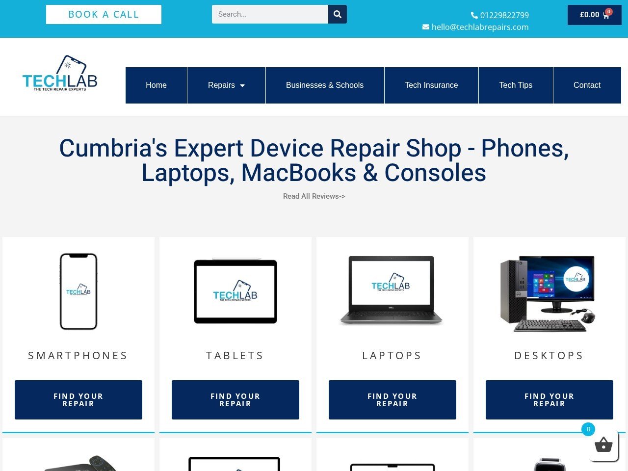 Tech Lab Repairs website homepage, a MIVAQ client project