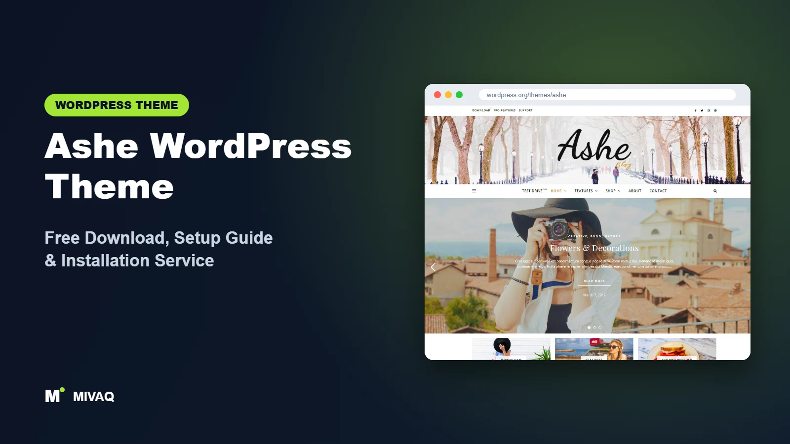 Ashe WordPress theme free download and setup guide cover, MIVAQ