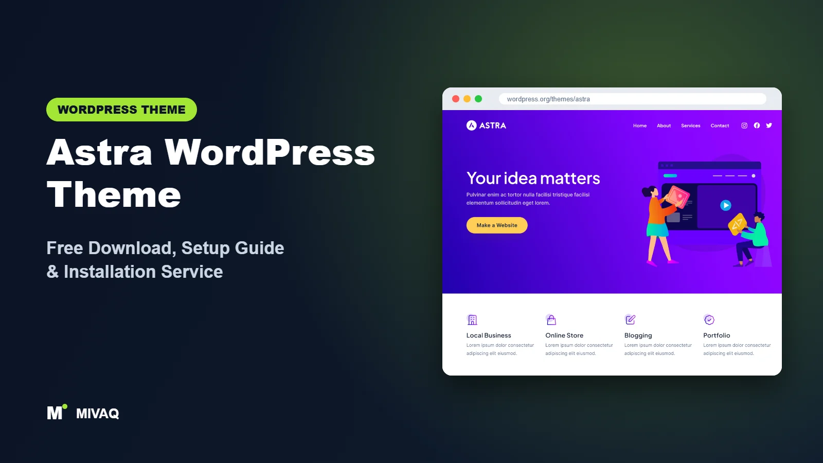 Astra WordPress theme free download and setup guide cover, MIVAQ