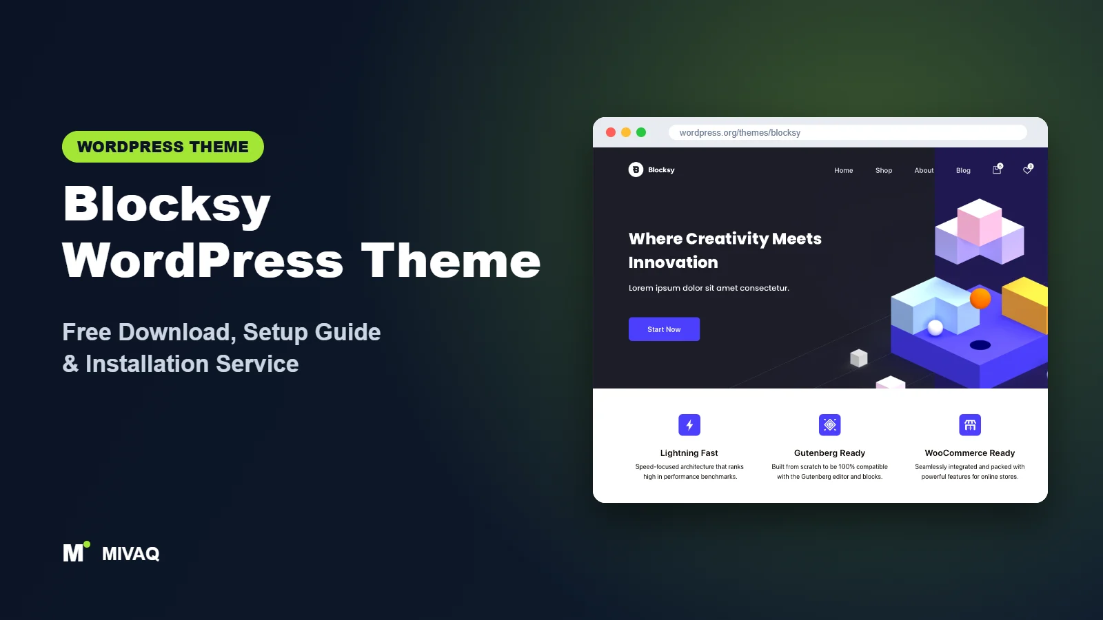 Blocksy WordPress theme free download and setup guide cover, MIVAQ