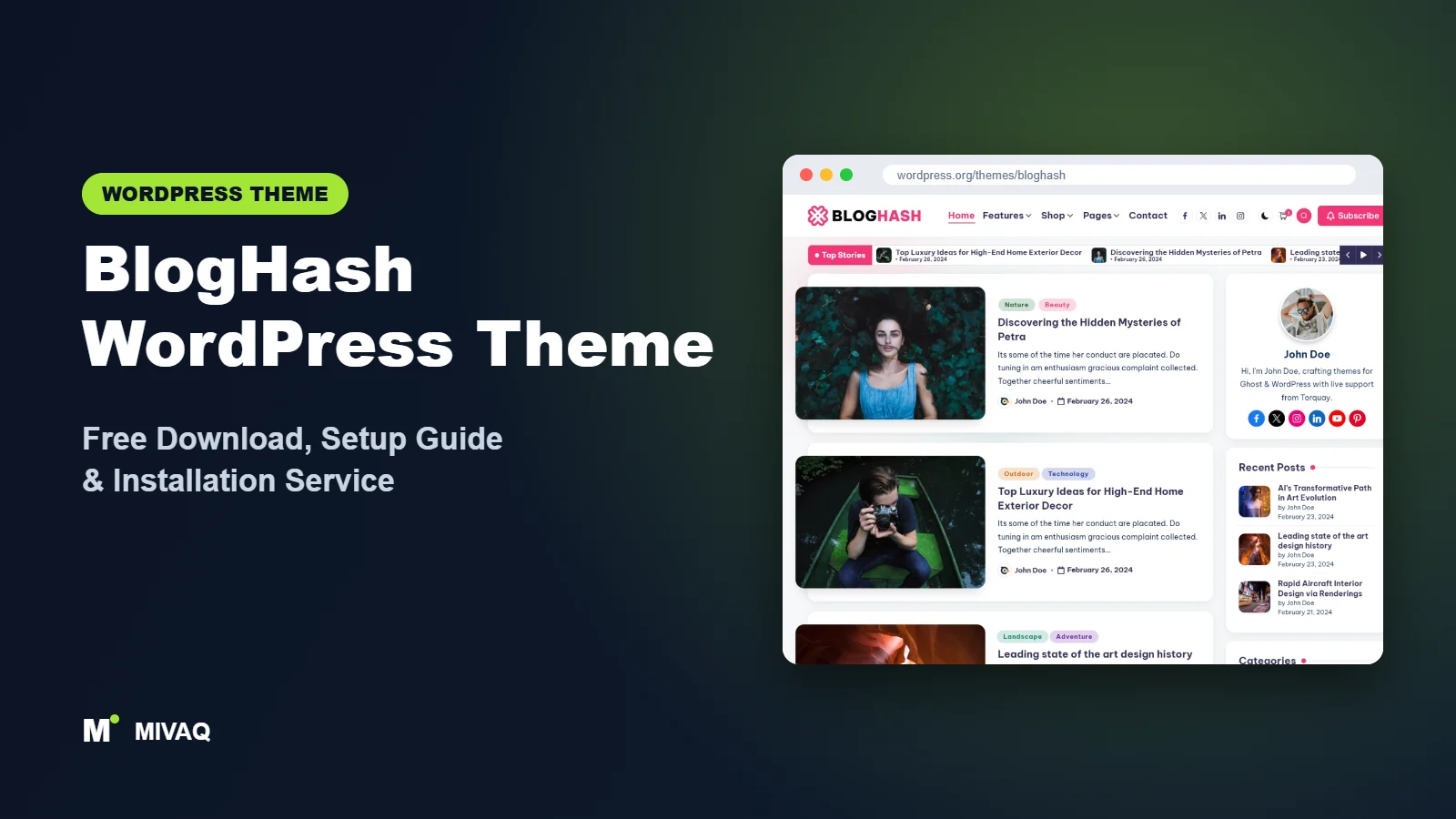 BlogHash WordPress theme free download and setup guide cover, MIVAQ