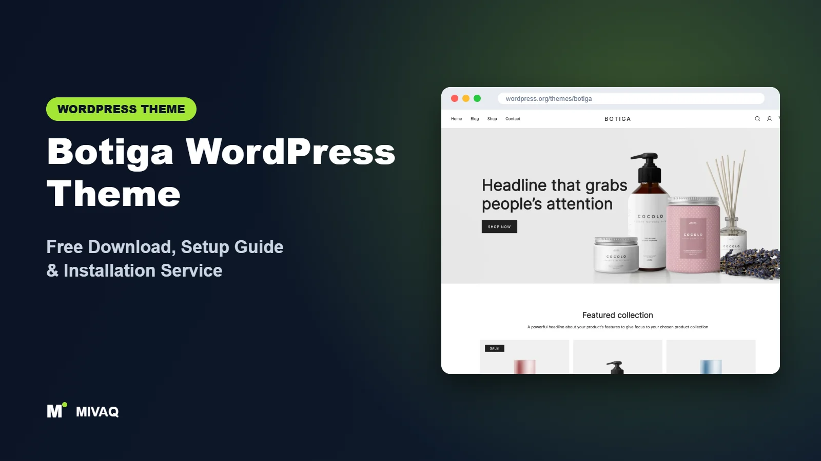 Botiga WordPress theme free download and setup guide cover, MIVAQ