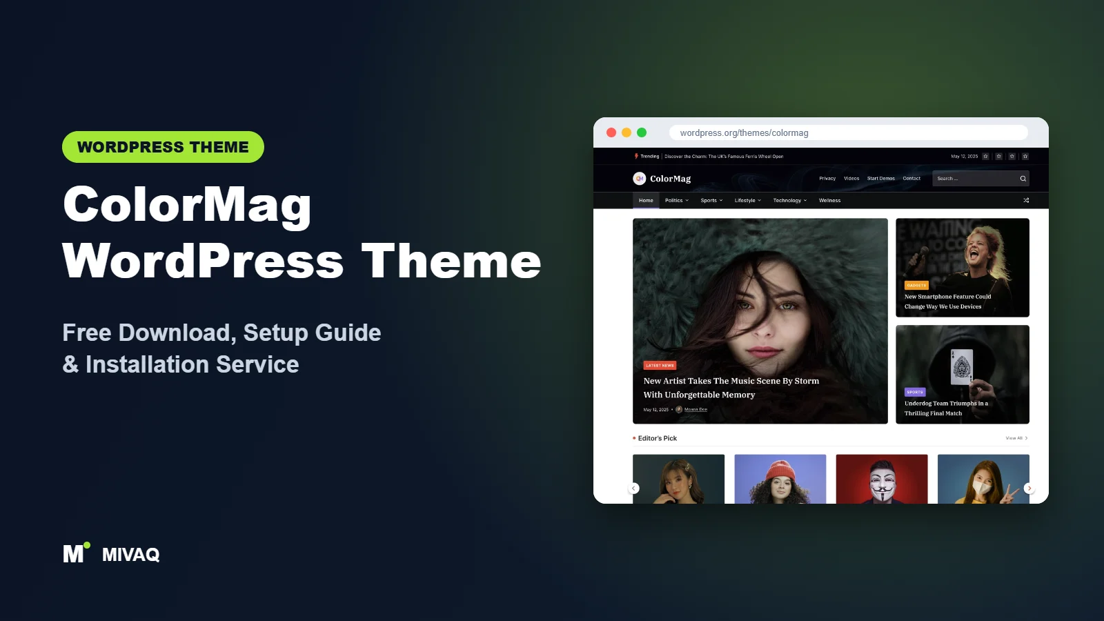 ColorMag WordPress theme free download and setup guide cover, MIVAQ