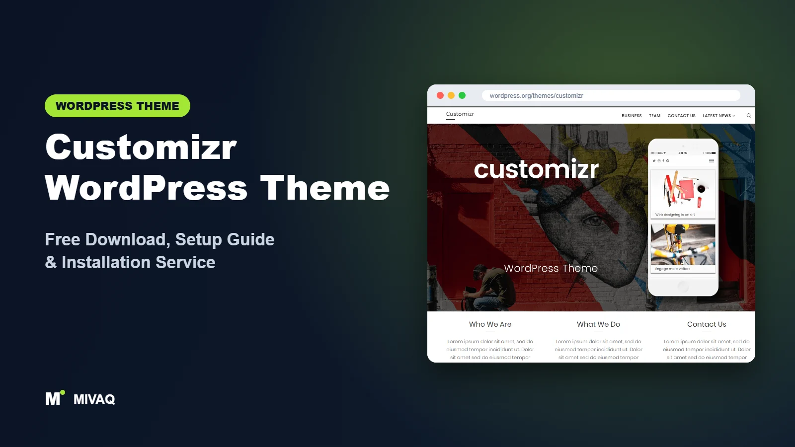 Customizr WordPress theme free download and setup guide cover, MIVAQ