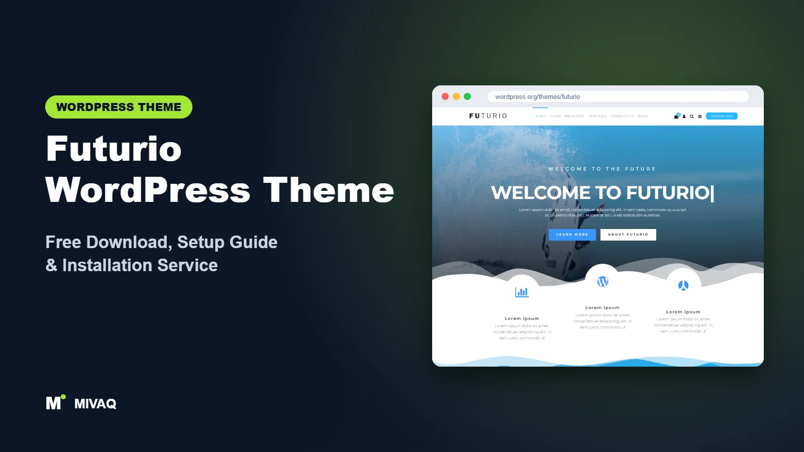 Futurio WordPress theme free download and setup guide cover, MIVAQ