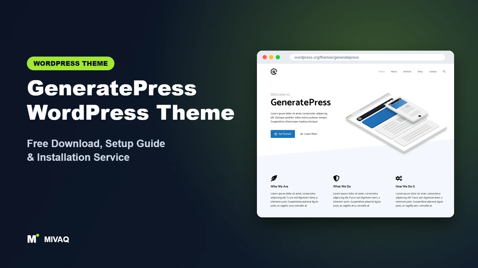 GeneratePress WordPress theme free download and setup guide cover, MIVAQ