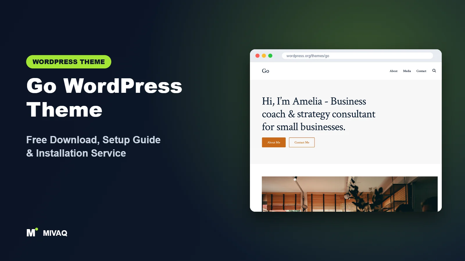 Go WordPress theme free download and setup guide cover, MIVAQ