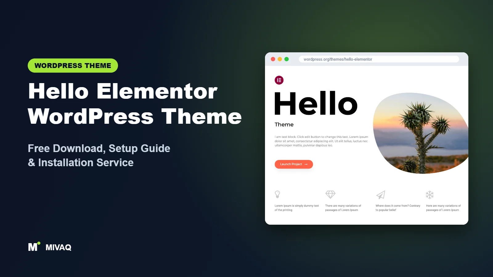 Hello Elementor WordPress theme free download and setup guide cover, MIVAQ