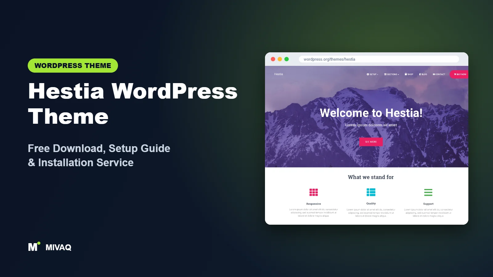 Hestia WordPress theme free download and setup guide cover, MIVAQ