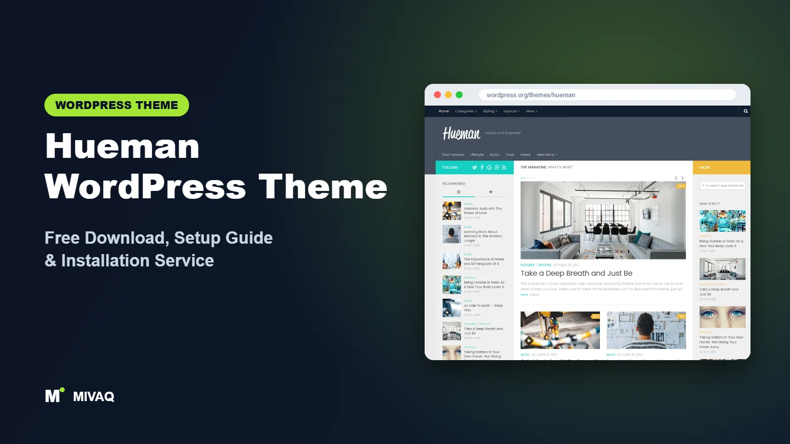 Hueman WordPress theme free download and setup guide cover, MIVAQ