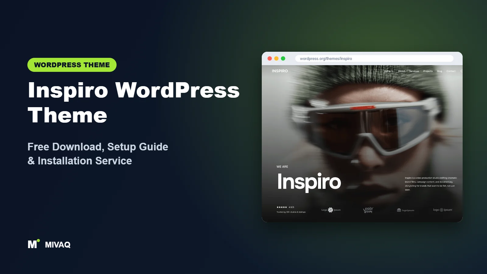 Inspiro WordPress theme free download and setup guide cover, MIVAQ