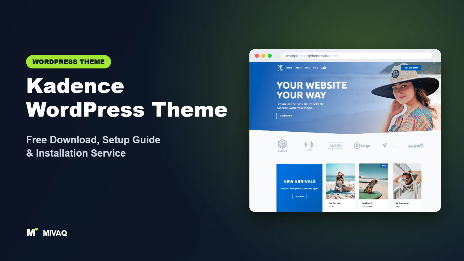 Kadence WordPress theme free download and setup guide cover, MIVAQ