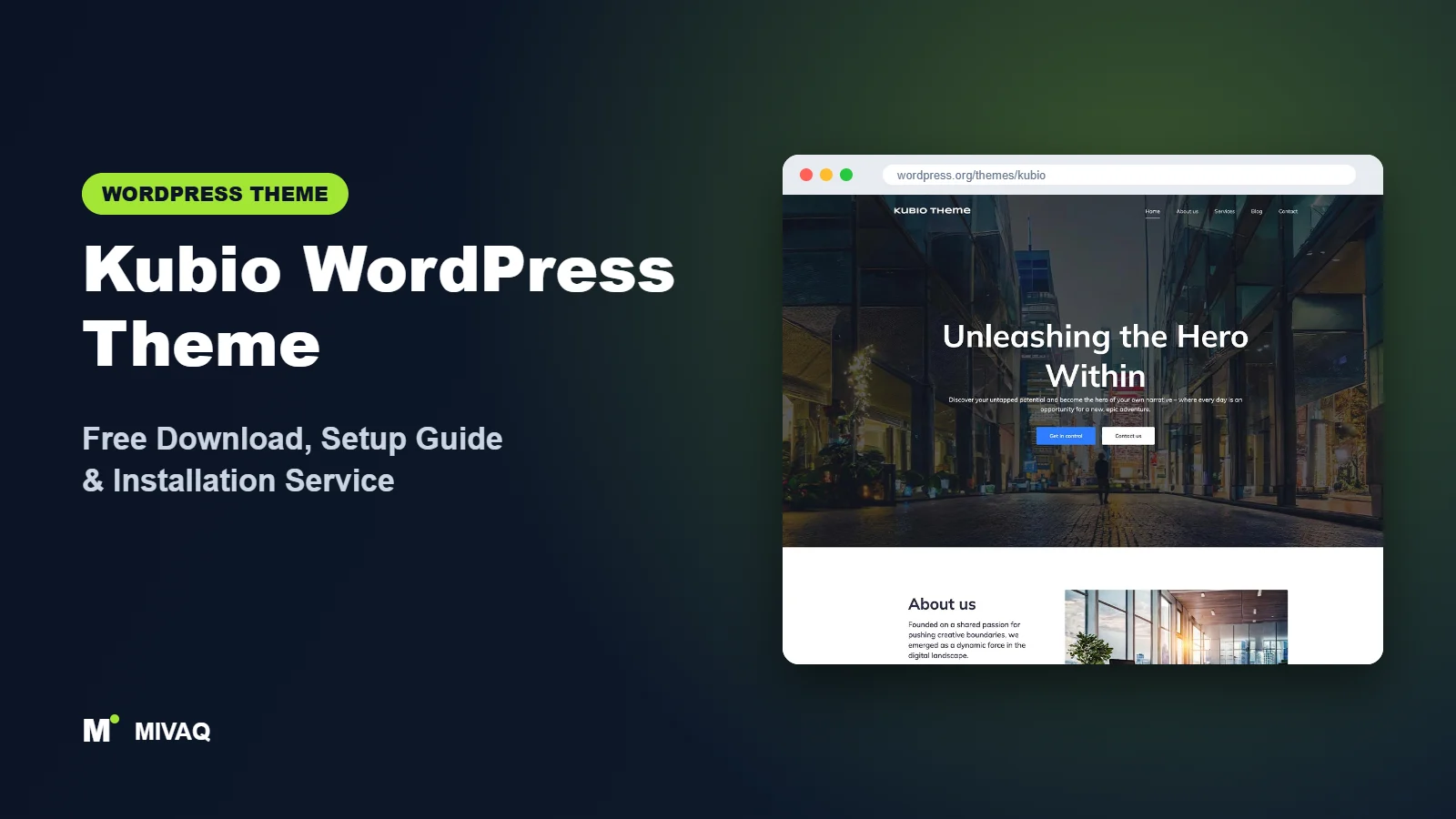 Kubio WordPress theme free download and setup guide cover, MIVAQ