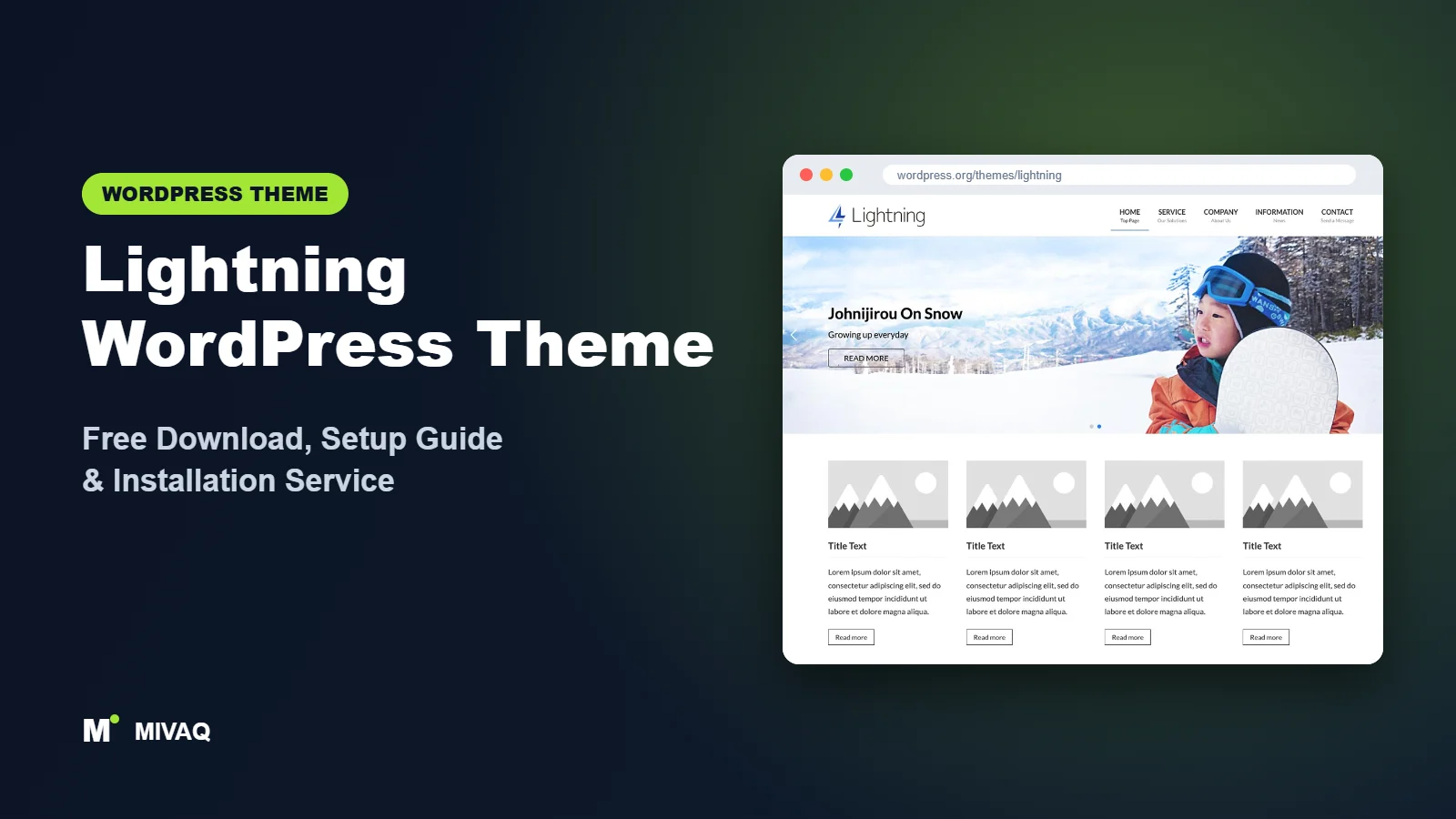 Lightning WordPress theme free download and setup guide cover, MIVAQ