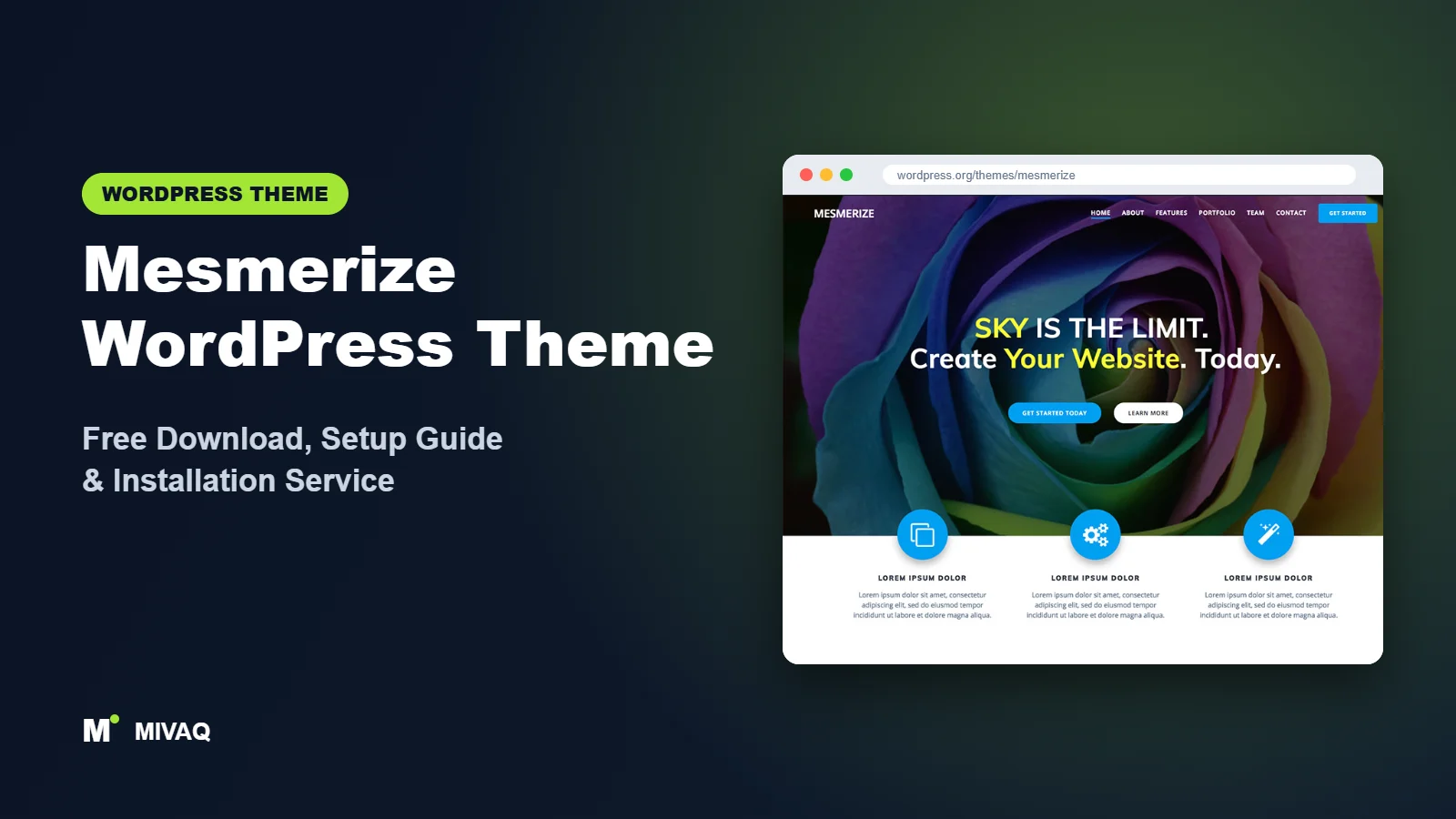 Mesmerize WordPress theme free download and setup guide cover, MIVAQ