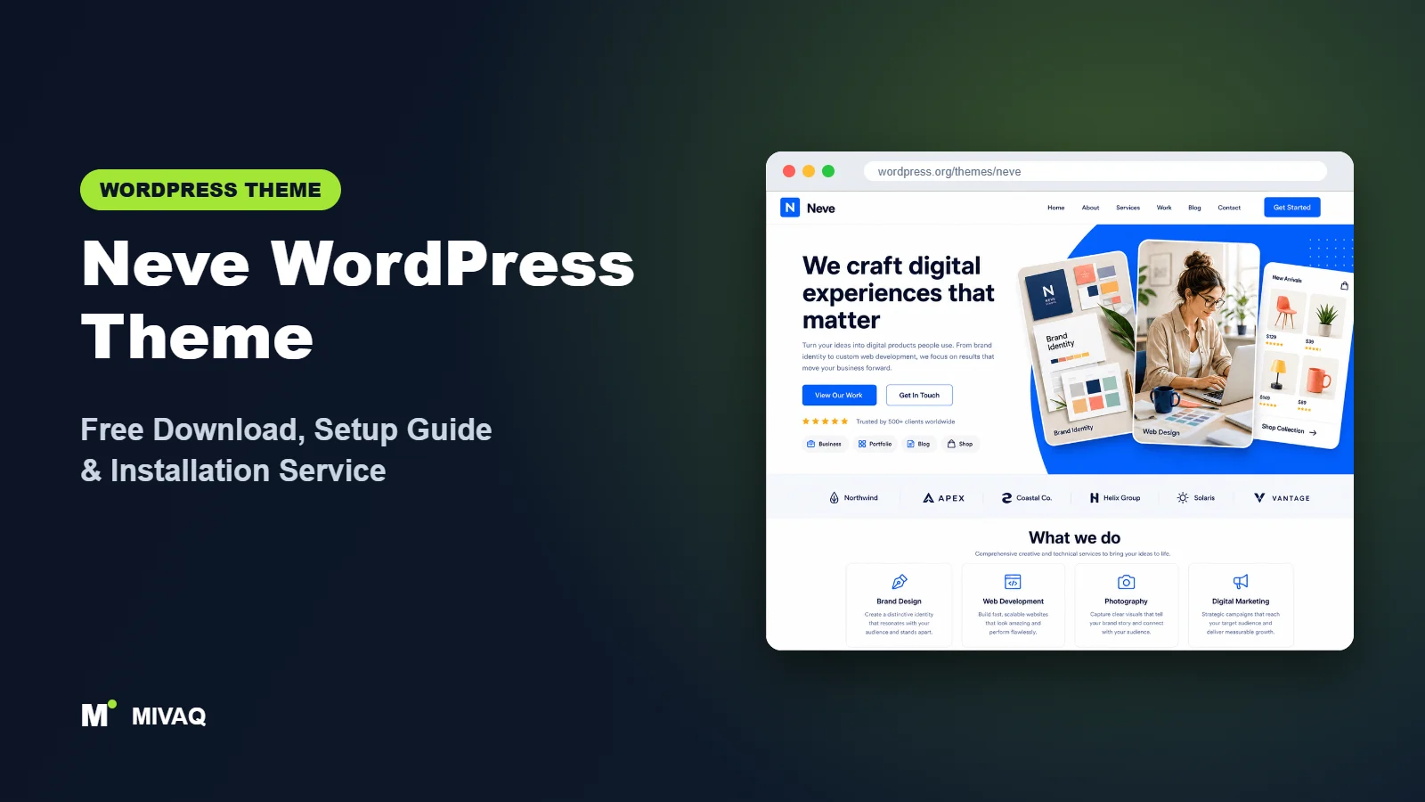 Neve WordPress theme free download and setup guide cover, MIVAQ