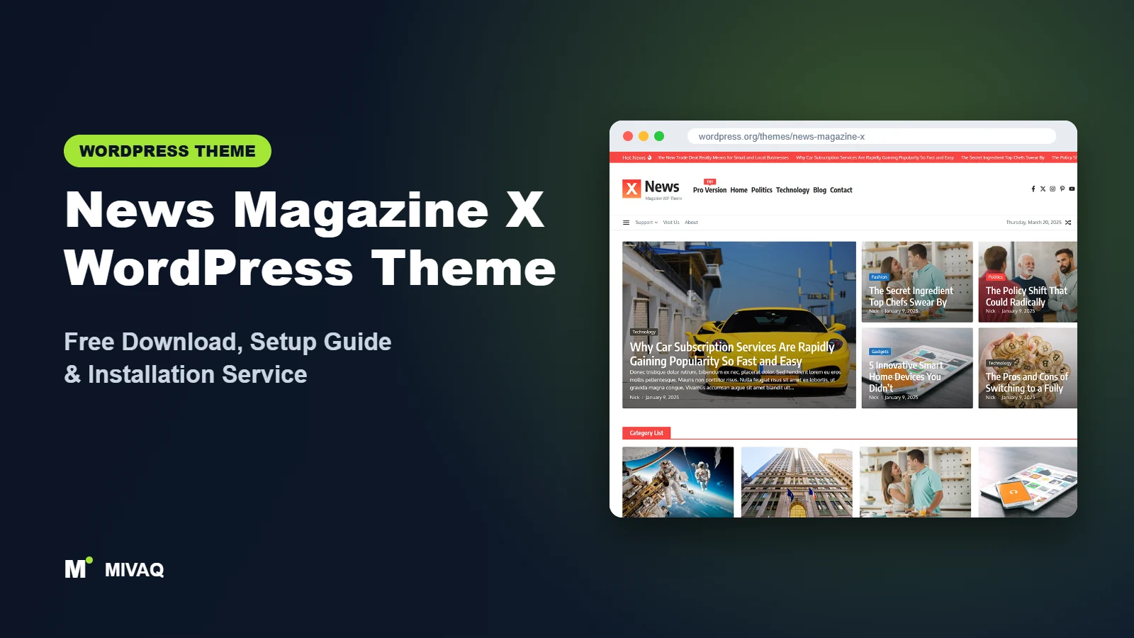 News Magazine X WordPress theme free download and setup guide cover, MIVAQ