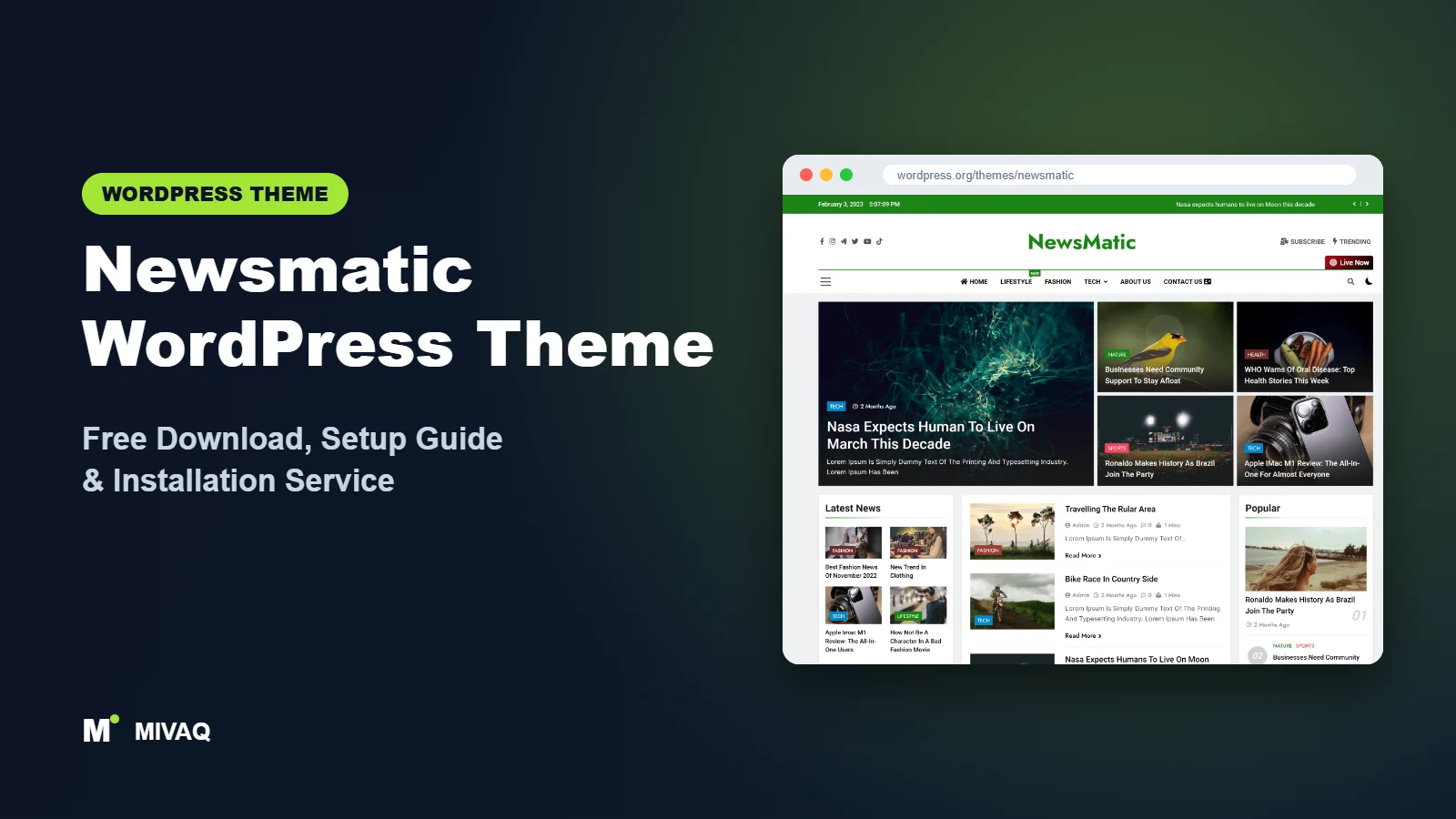 Newsmatic WordPress theme free download and setup guide cover, MIVAQ