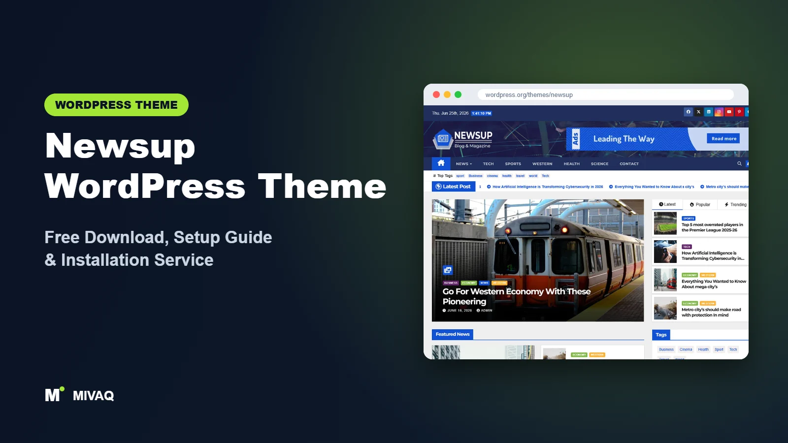 Newsup WordPress theme free download and setup guide cover, MIVAQ