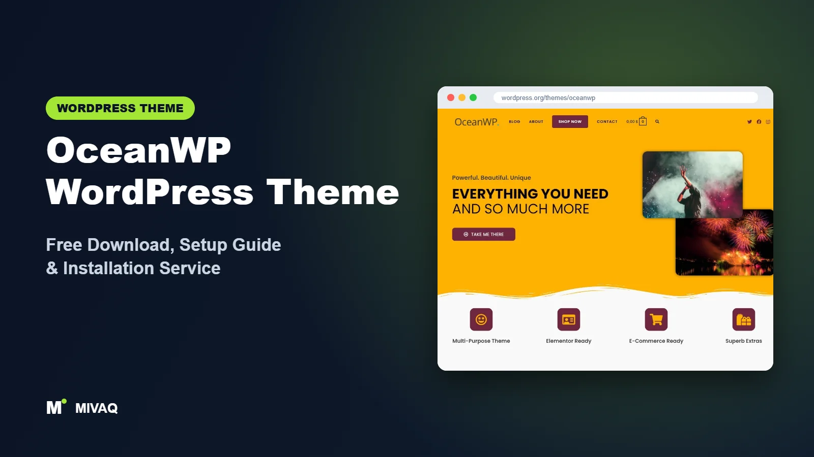 OceanWP WordPress theme free download and setup guide cover, MIVAQ