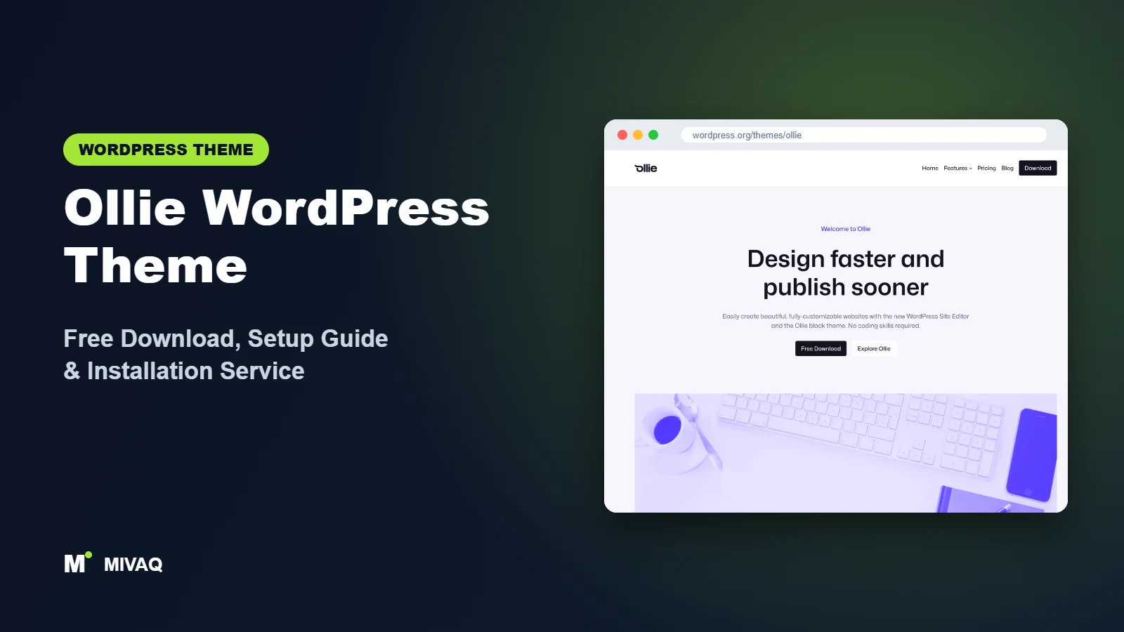 Ollie WordPress theme free download and setup guide cover, MIVAQ
