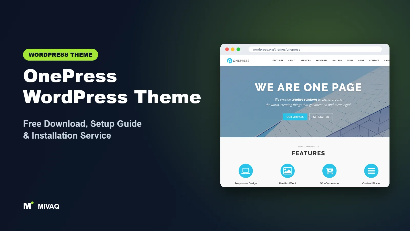 OnePress WordPress theme free download and setup guide cover, MIVAQ