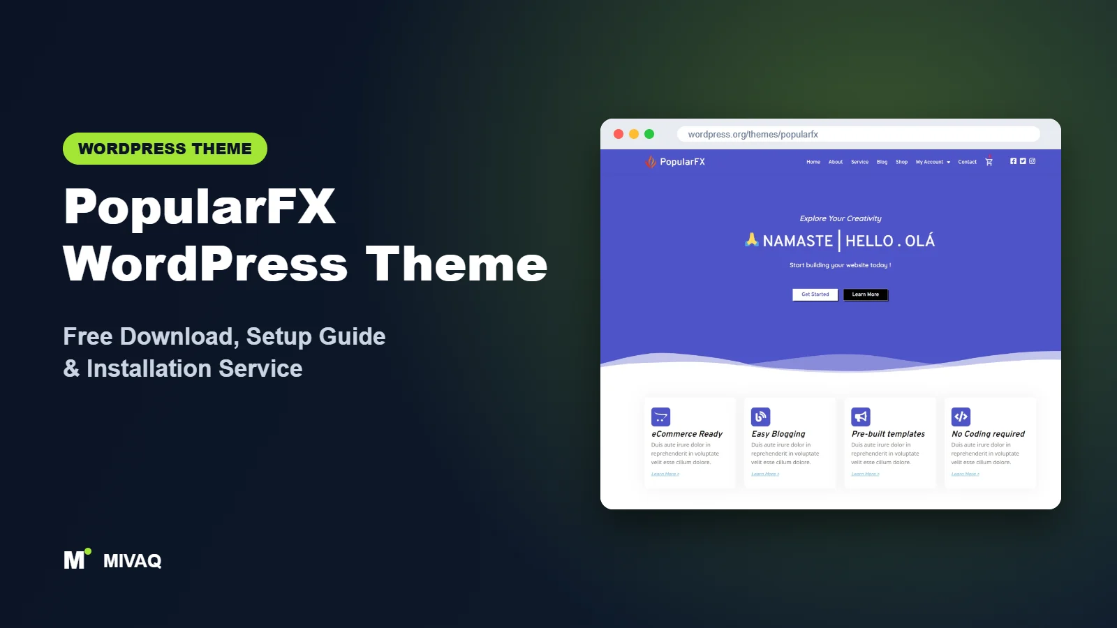 PopularFX WordPress theme free download and setup guide cover, MIVAQ