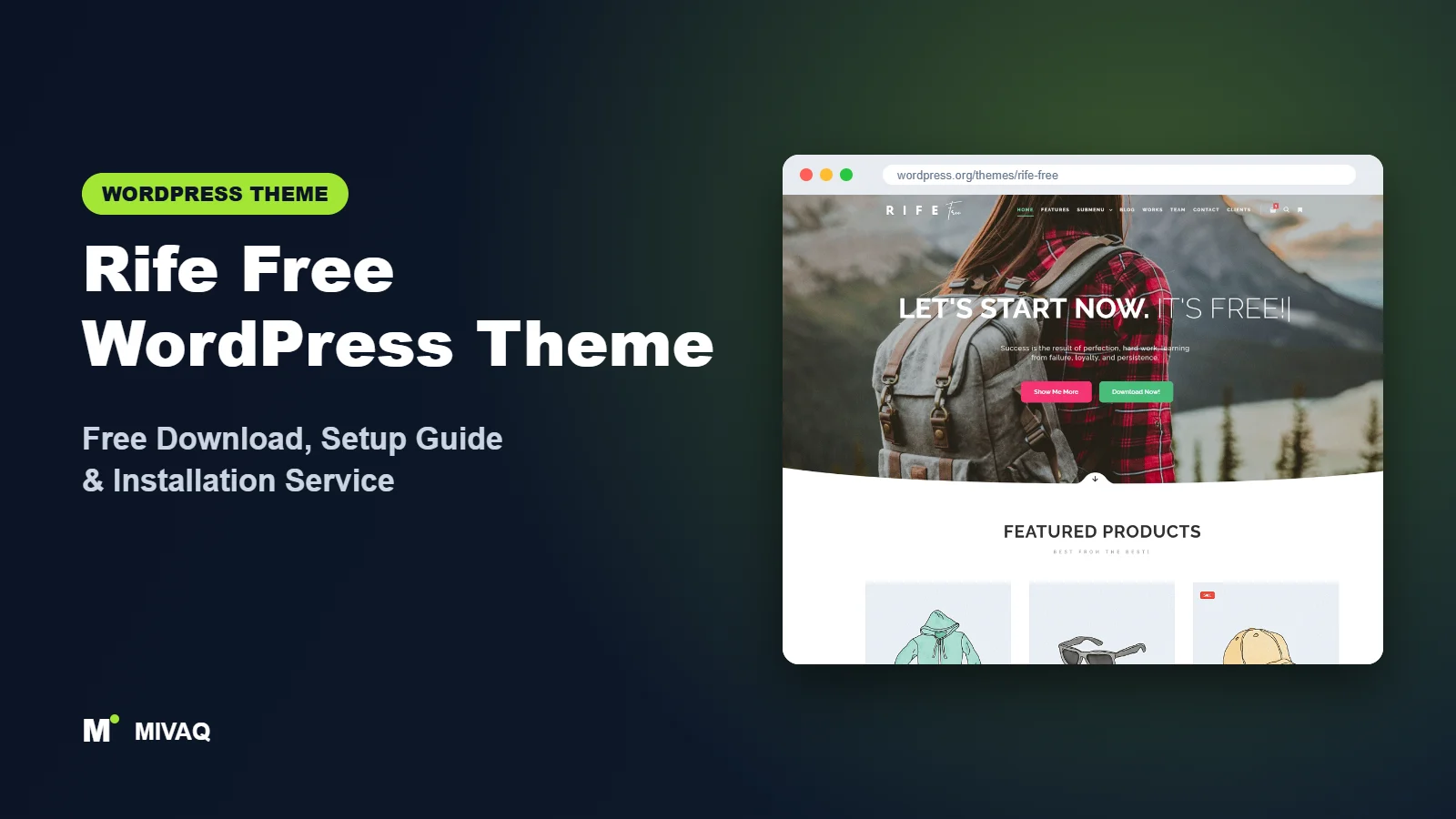 Rife Free WordPress theme free download and setup guide cover, MIVAQ