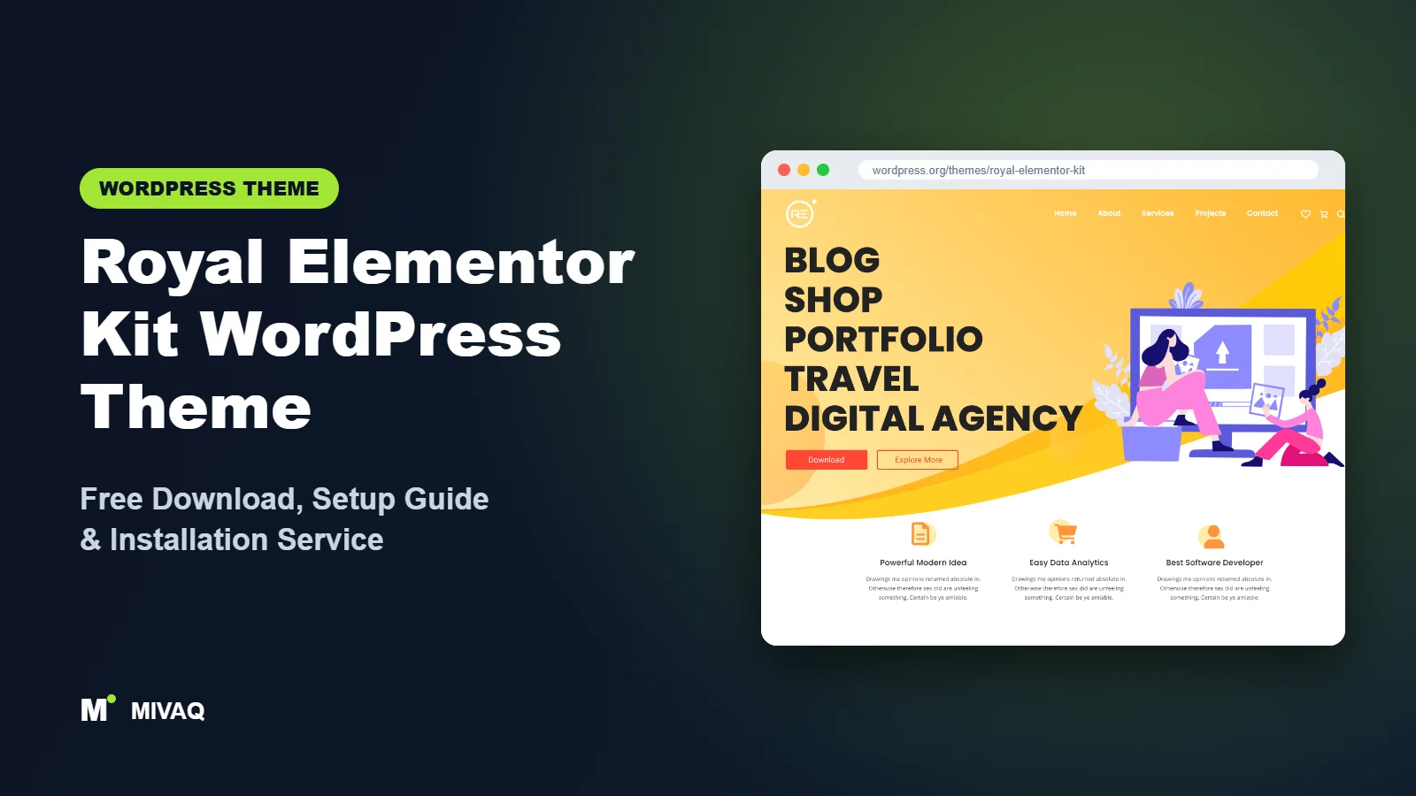Royal Elementor Kit WordPress theme free download and setup guide cover, MIVAQ