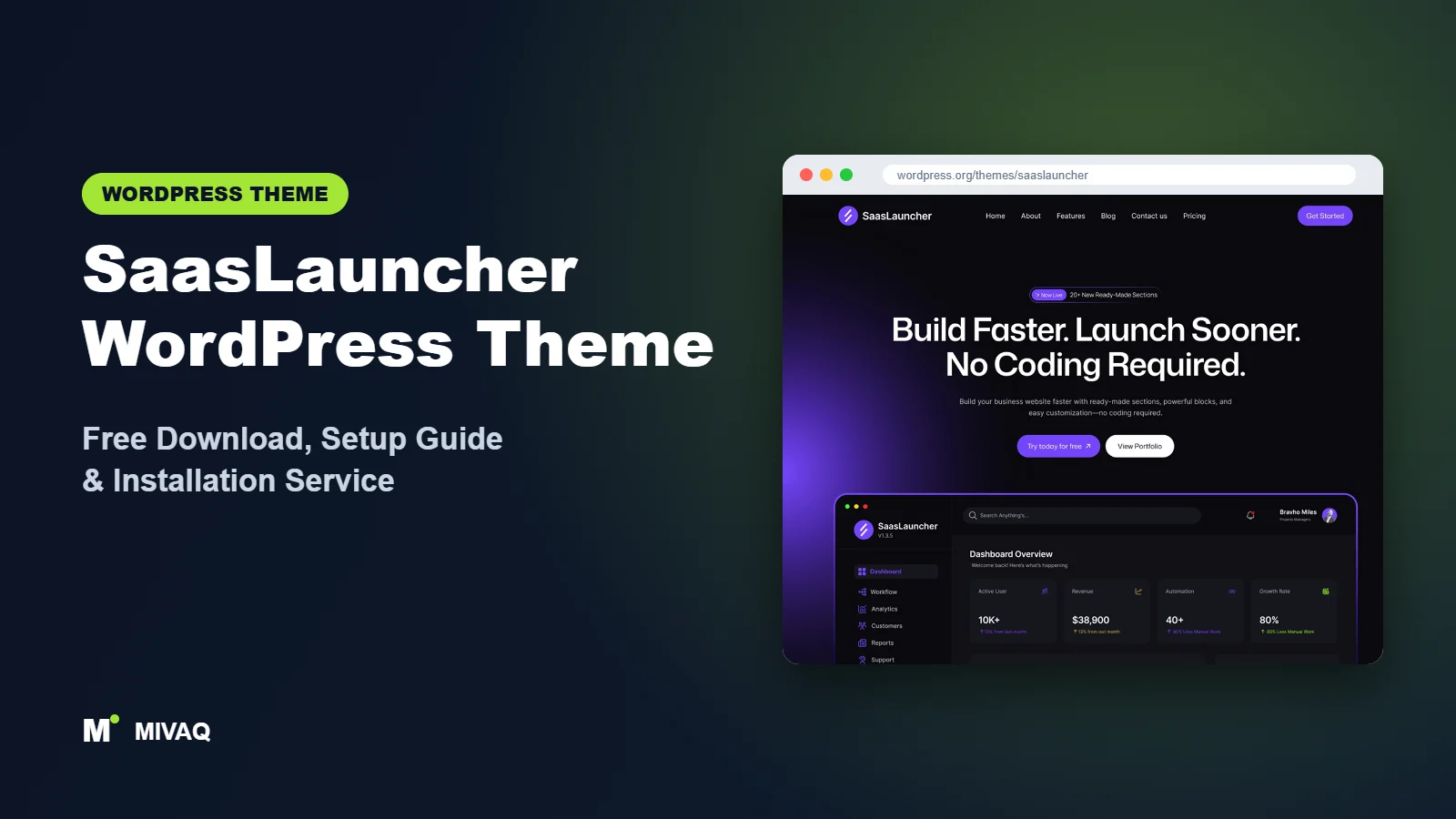 SaasLauncher WordPress theme free download and setup guide cover, MIVAQ