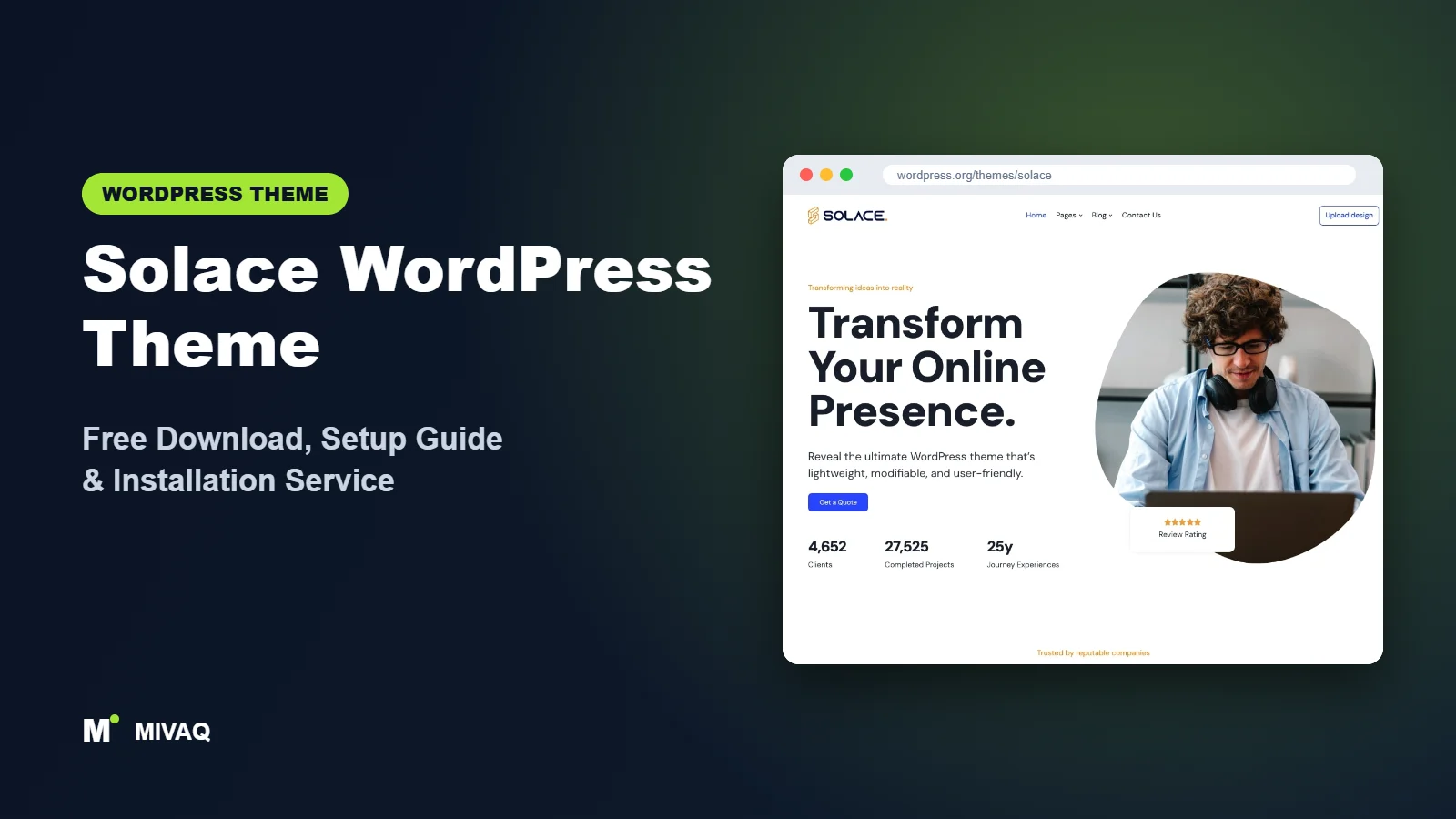 Solace WordPress theme free download and setup guide cover, MIVAQ