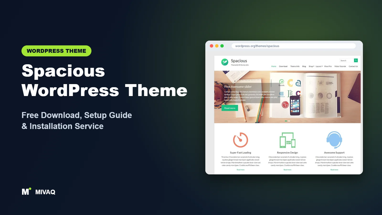 Spacious WordPress theme free download and setup guide cover, MIVAQ