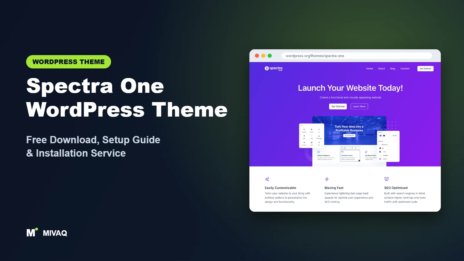 Spectra One WordPress theme free download and setup guide cover, MIVAQ