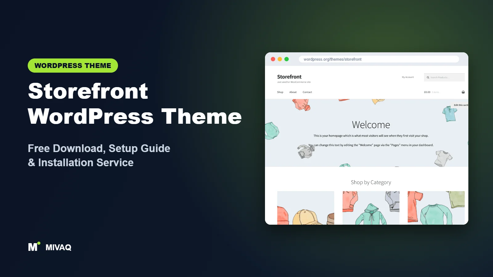 Storefront WordPress theme free download and setup guide cover, MIVAQ