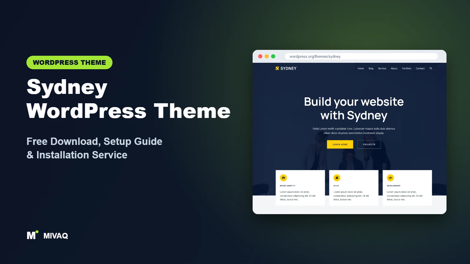 Sydney WordPress theme free download and setup guide cover, MIVAQ