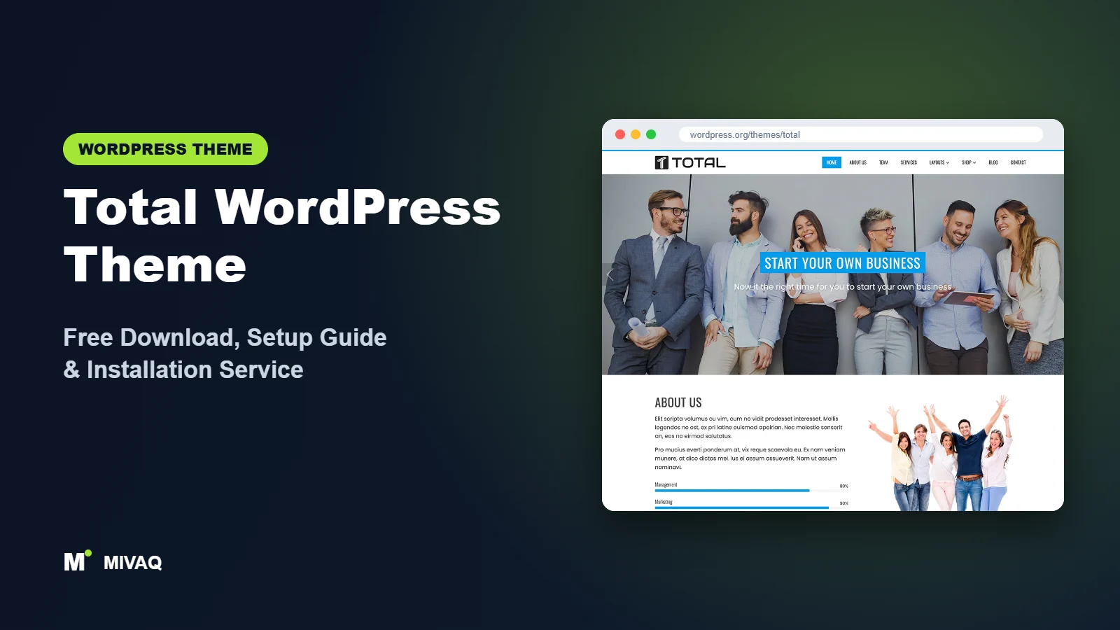 Total WordPress theme free download and setup guide cover, MIVAQ