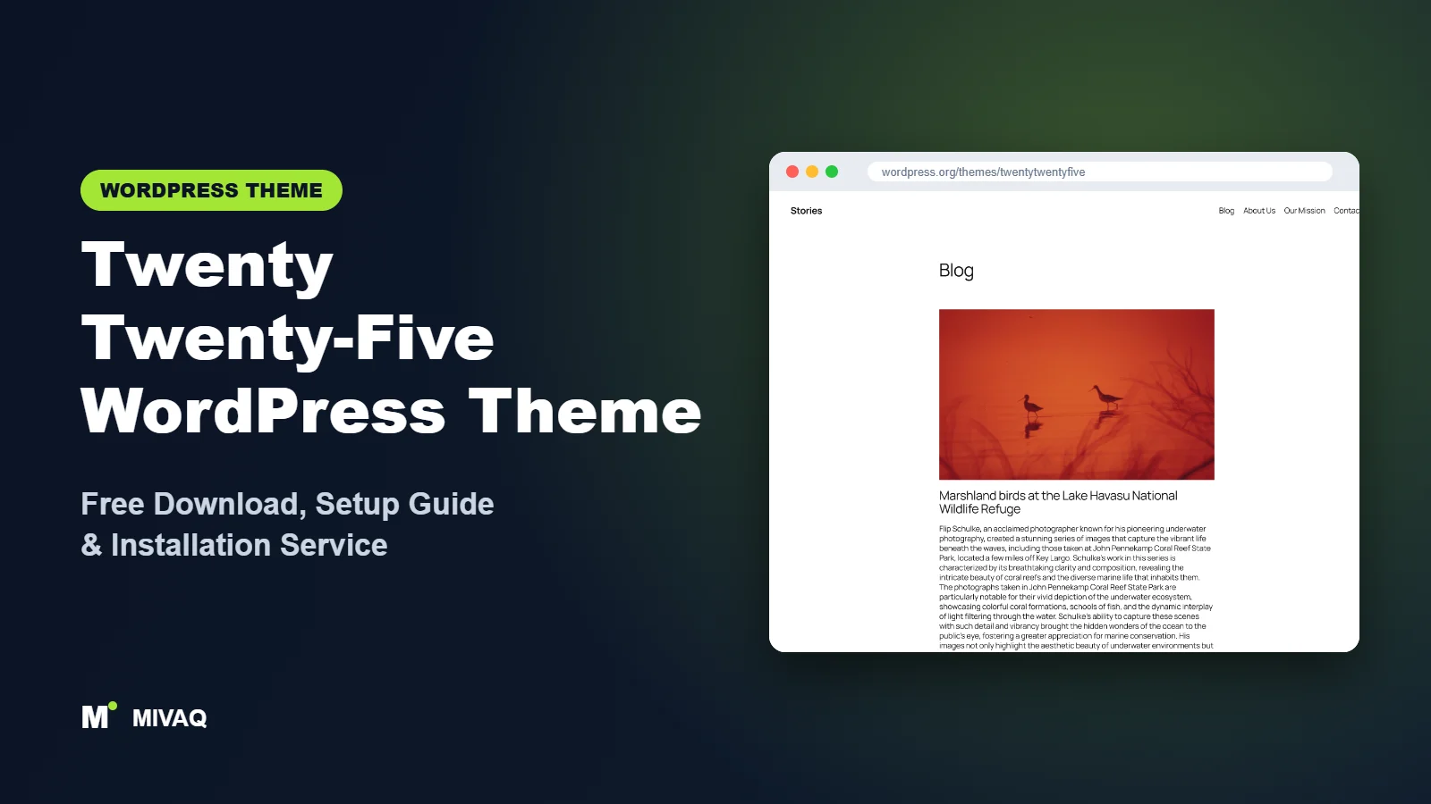 Twenty Twenty-Five WordPress theme free download and setup guide cover, MIVAQ