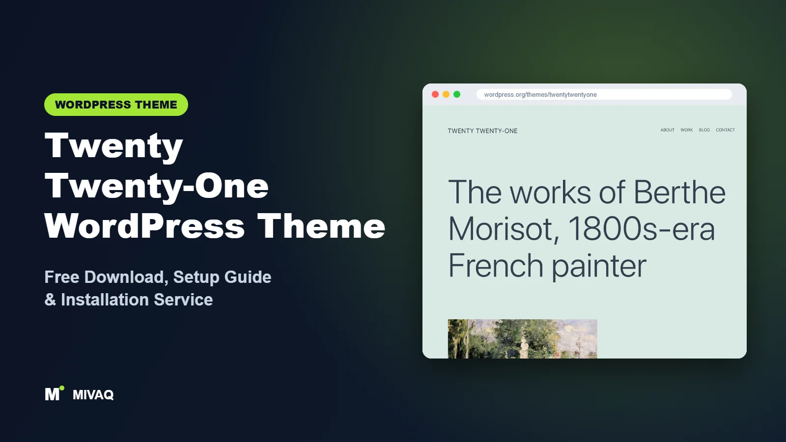 Twenty Twenty-One WordPress theme free download and setup guide cover, MIVAQ