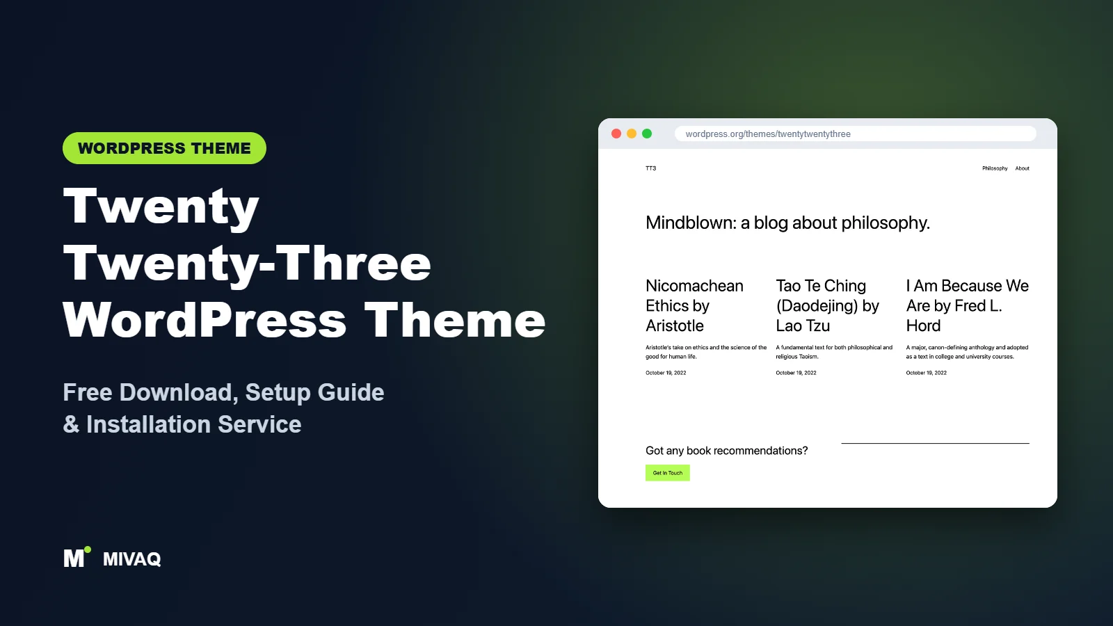Twenty Twenty-Three WordPress theme free download and setup guide cover, MIVAQ