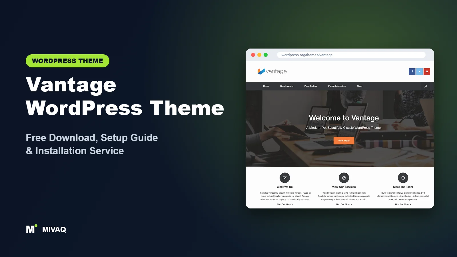 Vantage WordPress theme free download and setup guide cover, MIVAQ