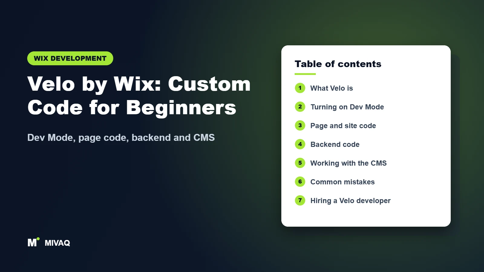 Velo by Wix: Custom Code for Beginners – MIVAQ Wix guide cover