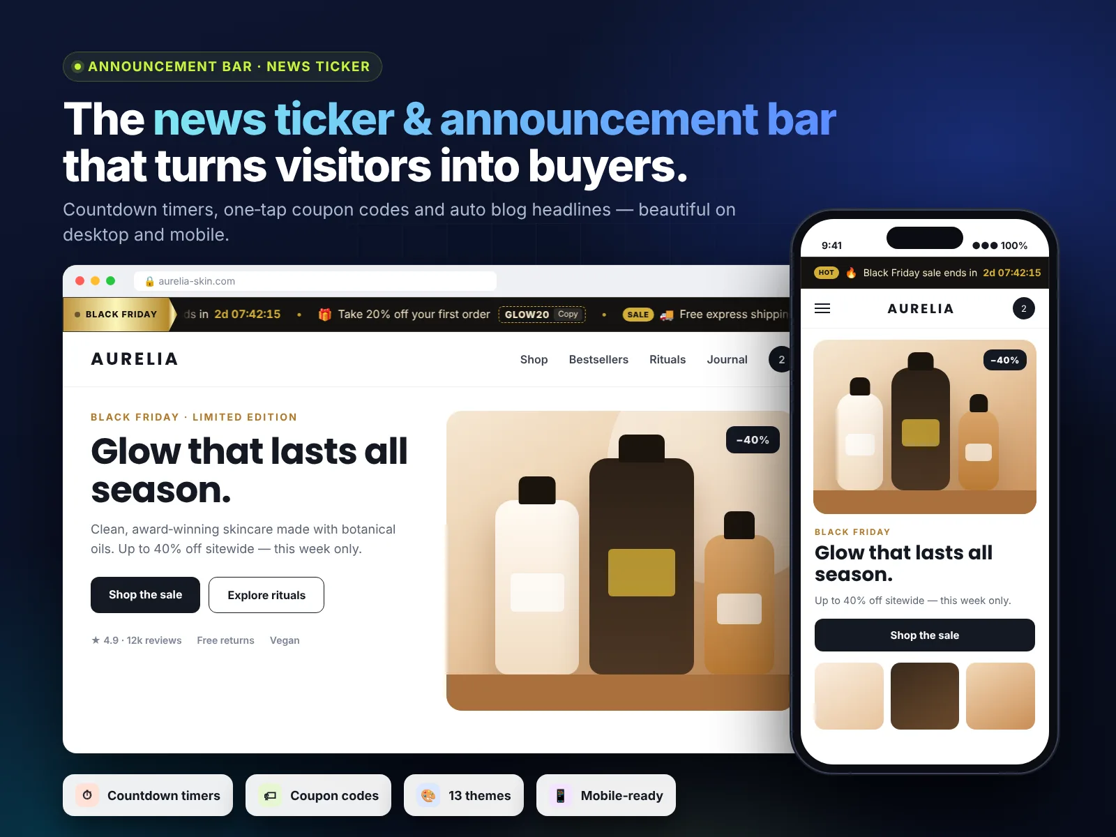 News ticker and announcement bar on a Wix website and on mobile