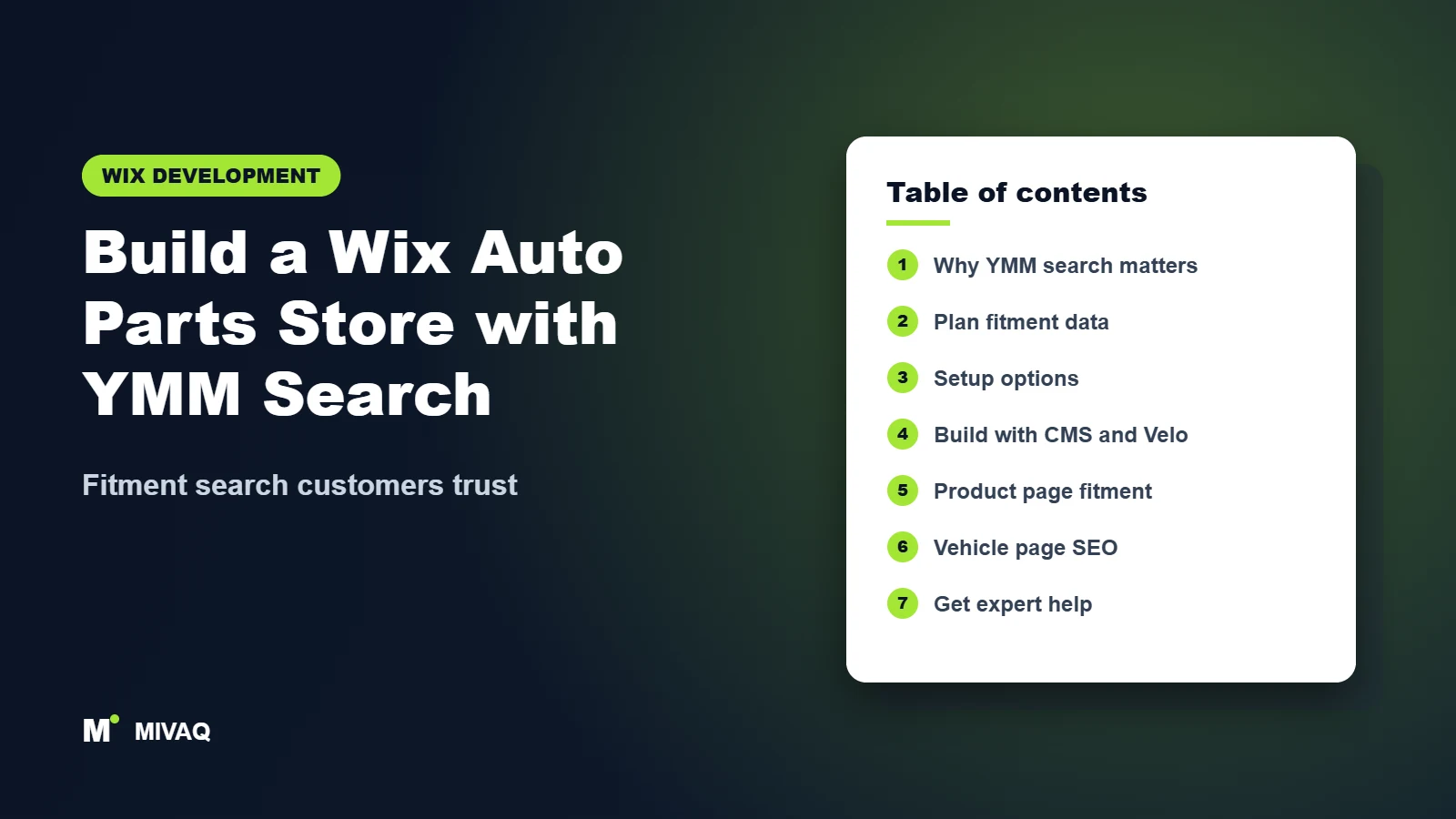 Build a Wix Auto Parts Store with YMM Search – MIVAQ Wix guide cover