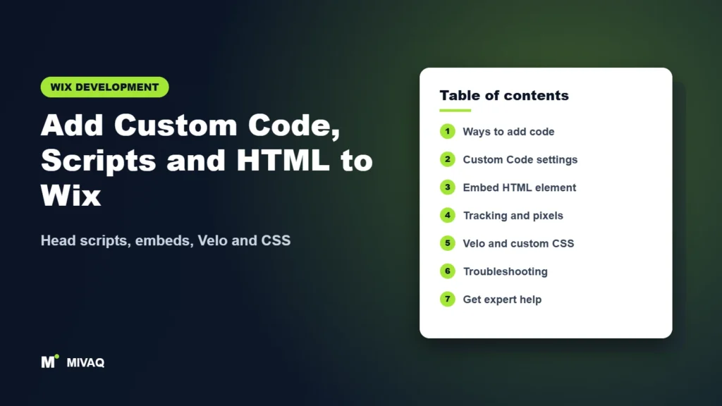 Add Custom Code, Scripts and HTML to Wix – MIVAQ Wix guide cover