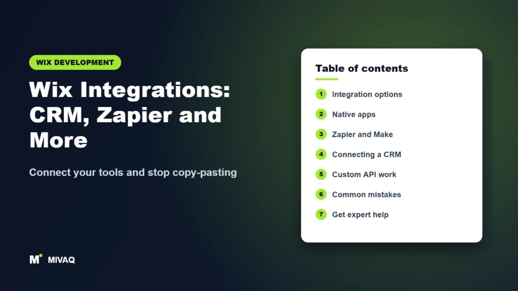 Wix Integrations: CRM, Zapier and More – MIVAQ Wix guide cover